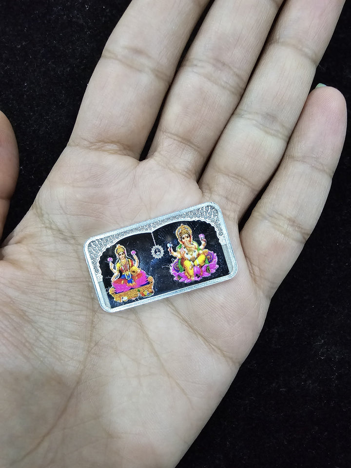 Laxmi Ganesh Ji Colorful Rectangle Pure Silver Coin | 10gms