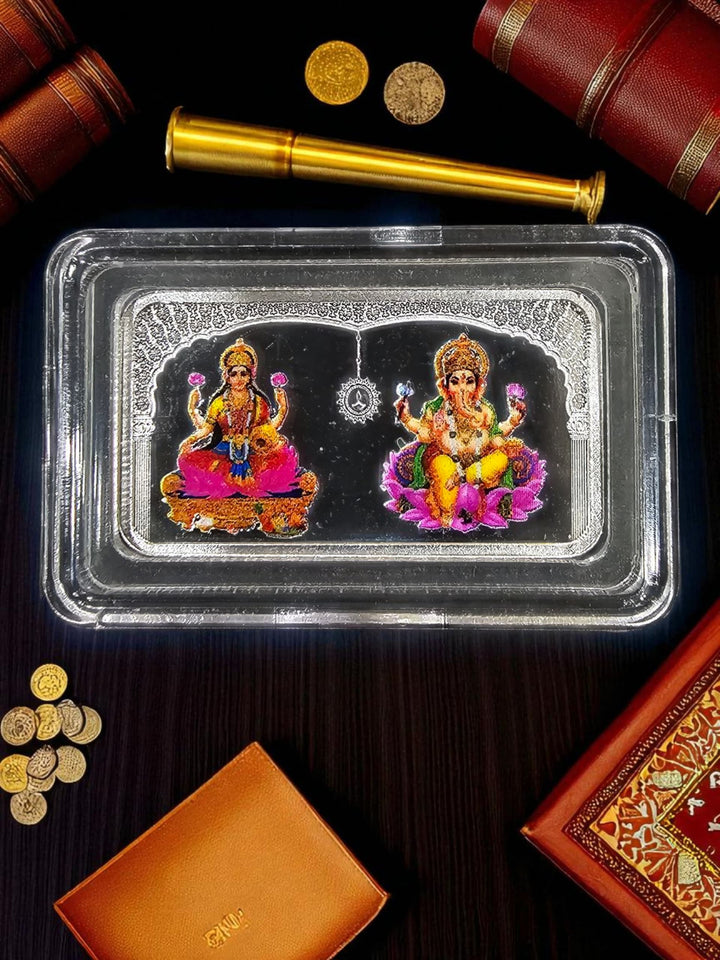 Laxmi Ganesh Ji Colorful Rectangle Pure Silver Coin | 10gms