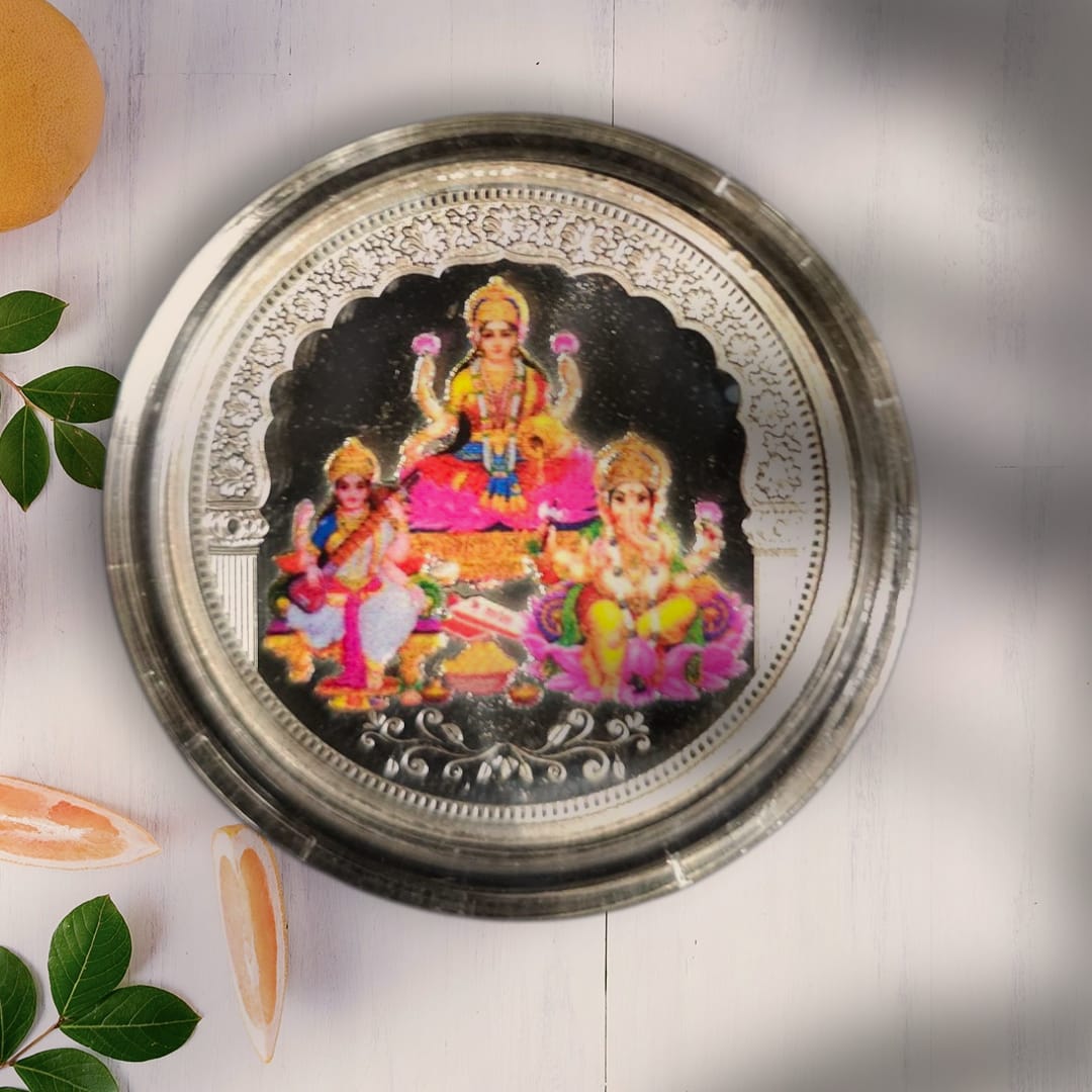 Divine Gift of Purity and Prosperity | Laxmi Ganesh Saraswati ji | Round | 10 gms pure Silver Coin
